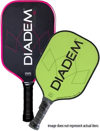 Diadem Paddles Two pickleball paddles are displayed. One is black with pink edging, and the other is bright green. Both feature the 'DIADEM' logo prominently.