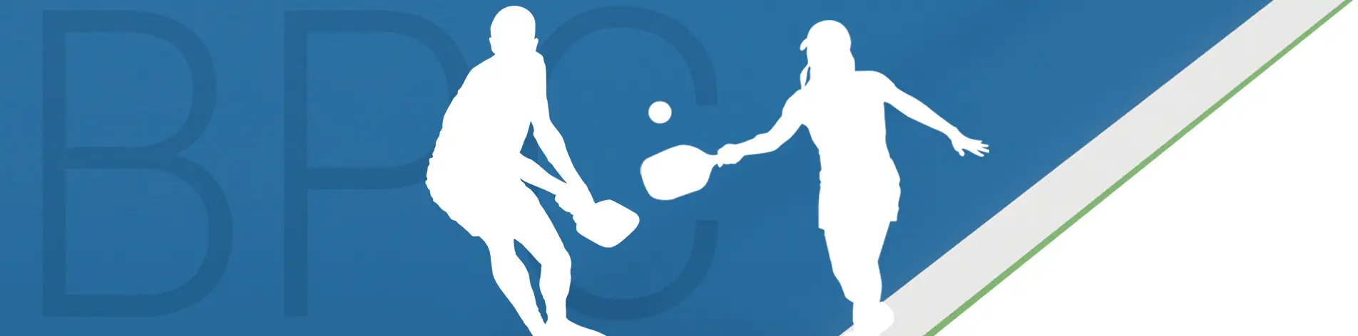 Silhouettes of two people playing pickleball on a blue background with diagonal lines. A ball is in mid-air between them, conveying action and focus.