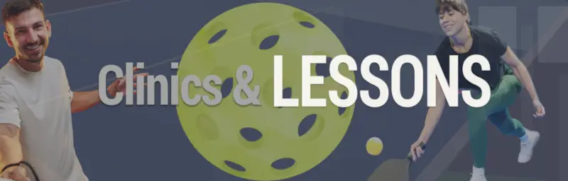 Smiling man and focused woman playing pickleball on a vibrant background, featuring a large pickleball and text 'Clinics & Lessons' in bold letters.