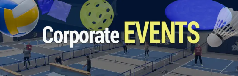 Image of a sports facility with people playing on courts, surrounded by large sports equipment graphics. Text reads Corporate Events. Energetic atmosphere.