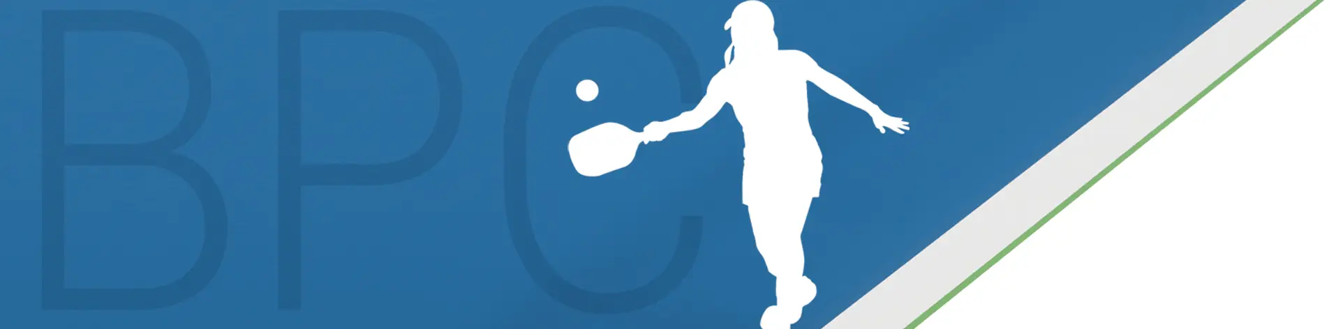 Pickleball Membership Silhouette pickleball player banner with large acronym letters "BPC", which is an abbreviation for "Buxmont Pickleball Club".