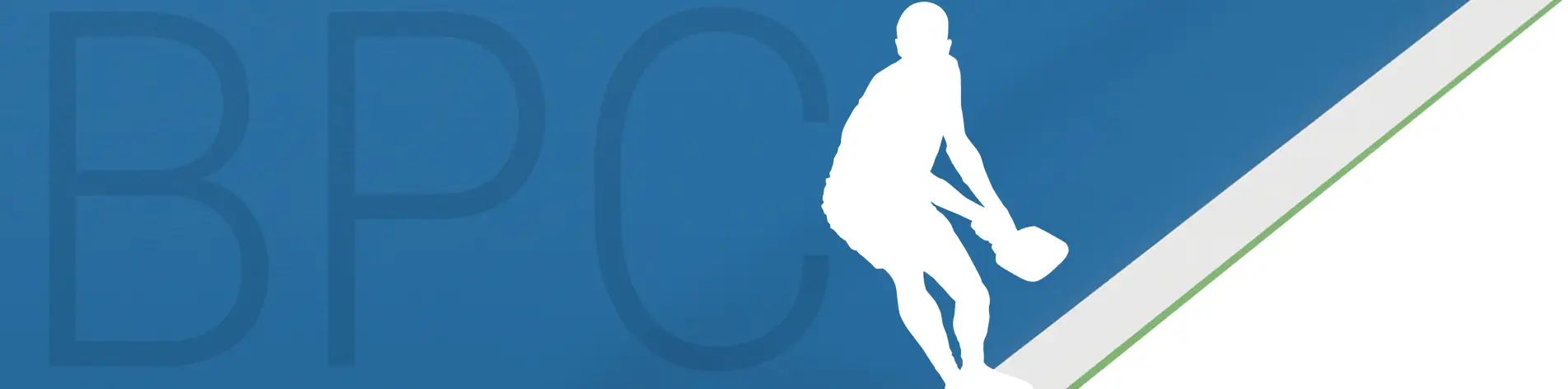 Silhouette pickleball player banner with large acronym letters "BPC", which is an abbreviation for "Buxmont Pickleball Club".