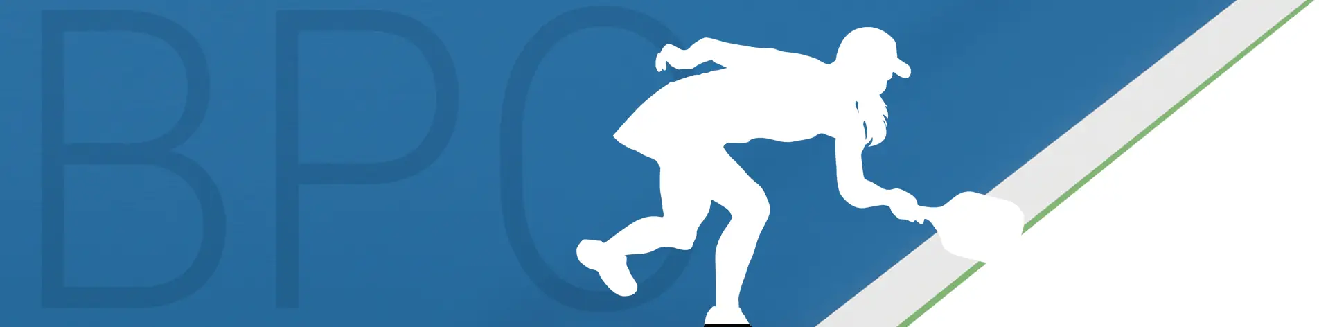 Silhouette pickleball player banner with large acronym letters "BPC", which is an abbreviation for "Buxmont Pickleball Club".