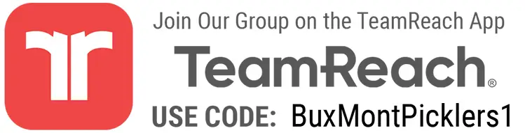 Red TeamReach app logo with text: "Join Our Group on the TeamReach App. USE CODE: BuxMontPicklers1." Promotes group code for app access.